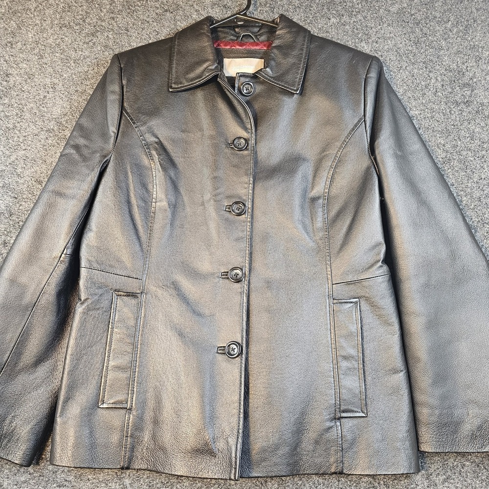 Croft & Barrow Womens Leather Jacket Black Quilted Lined Button Front Size M